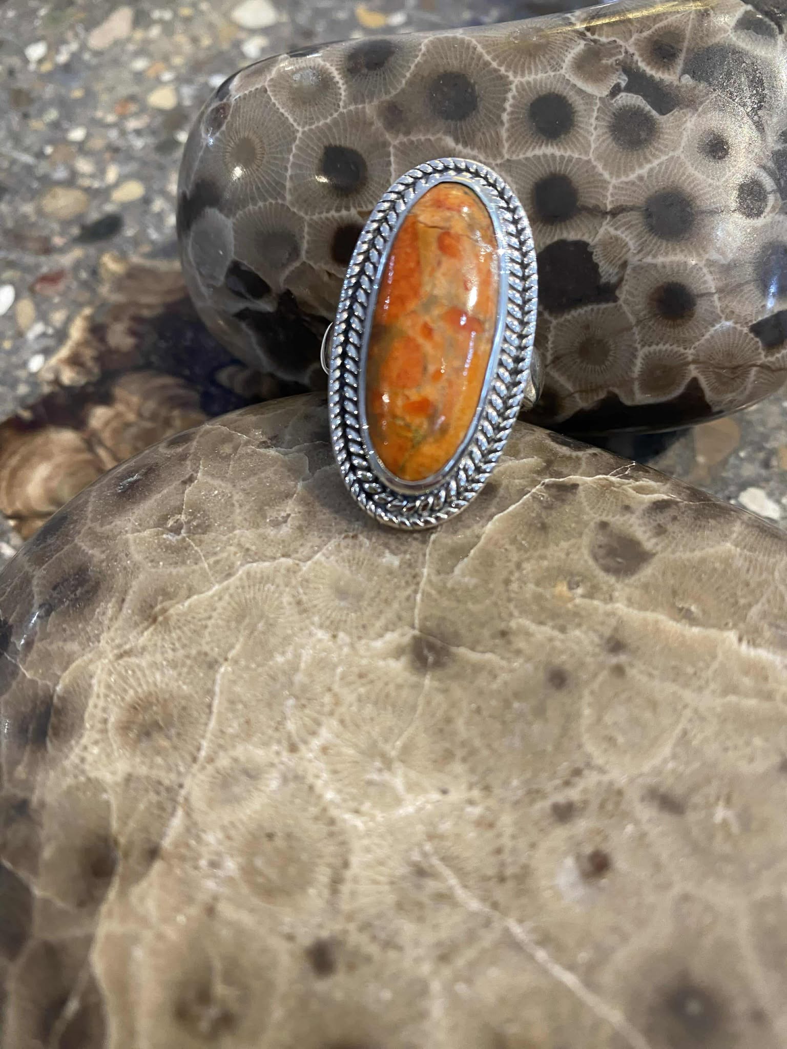 Orange Jasper Oval Ring with Sterling Silver Braid Detail
