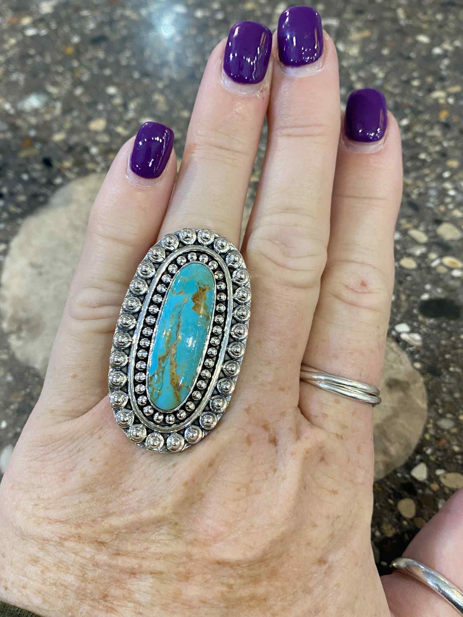 Turquoise Oval Ring with Sterling Silver Beaded Detail
