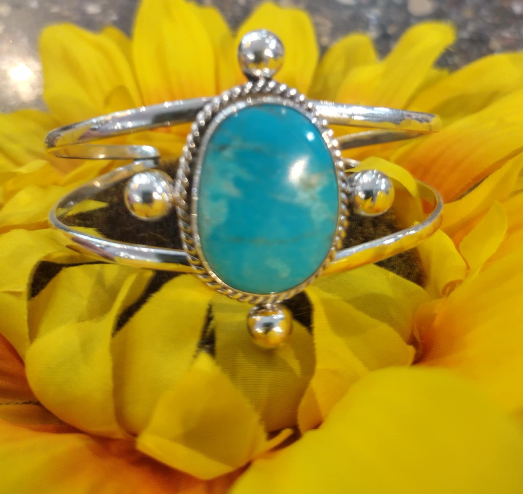 Turquoise Oval Cuff Bracelet in Sterling Silver w/ Rope Detail
