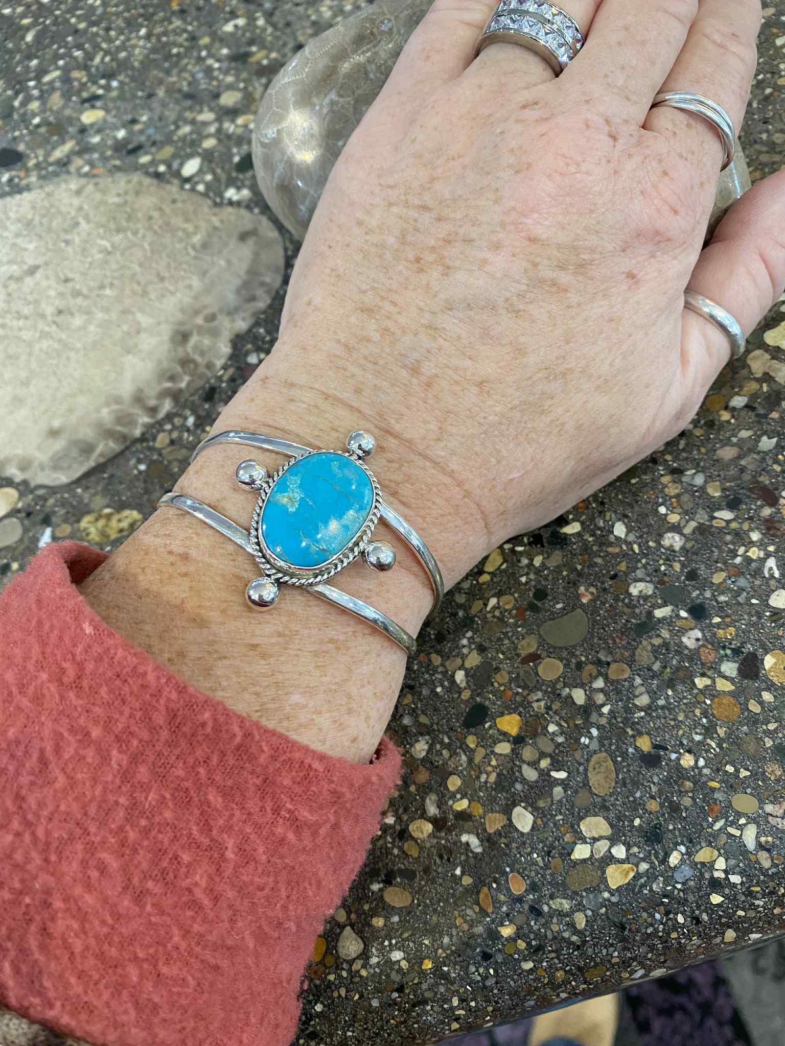 Turquoise Oval Cuff Bracelet in Sterling Silver w/ Rope Detail